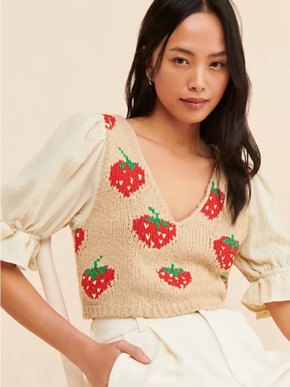 Free People Strawberry Knit Crop Top in Beige, Red, Green